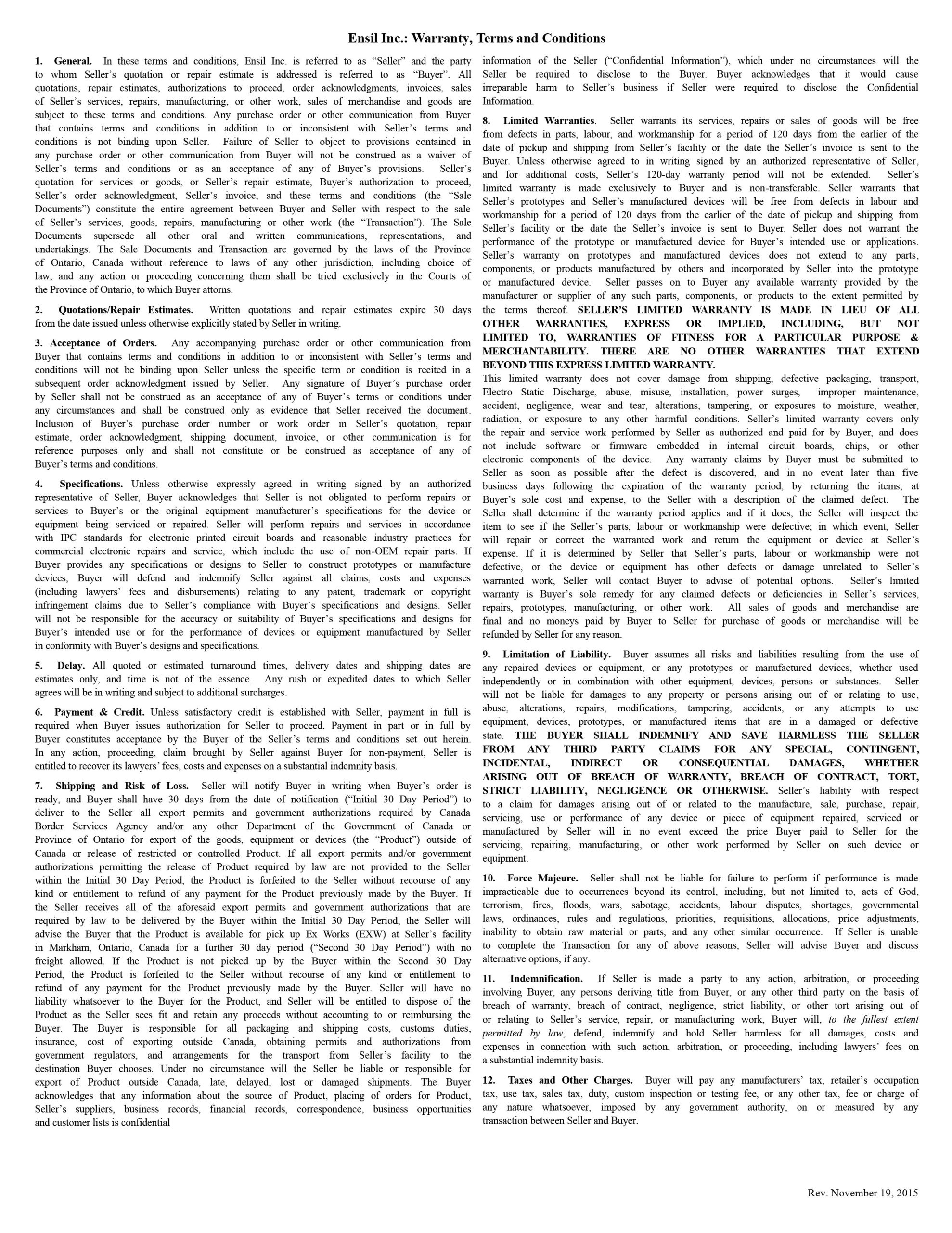Warranty Terms & conditions